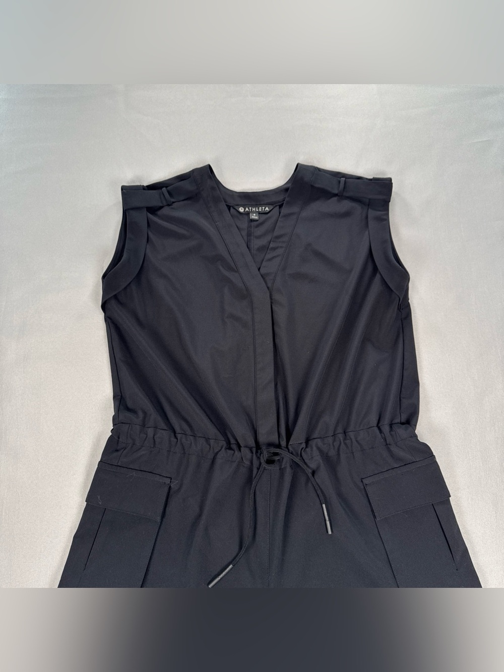 Athleta Womens Sutton Drawstring Romper Shorts Size 0 Black Pockets Short Sleeve - Picture 10 of 12